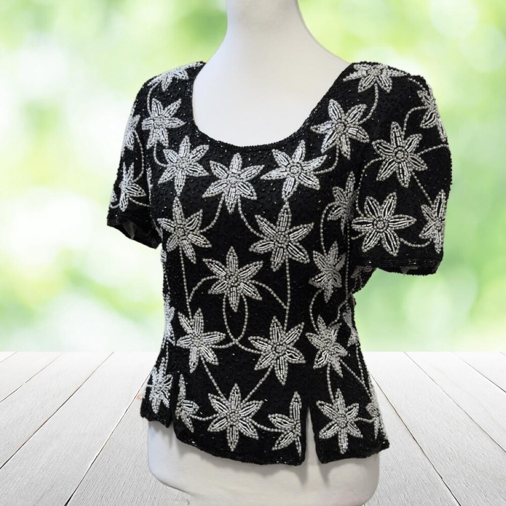 Vintage 80s LAURENCE KAZAR Hand Beaded Silk Top Floral Glam Evening Black Size S